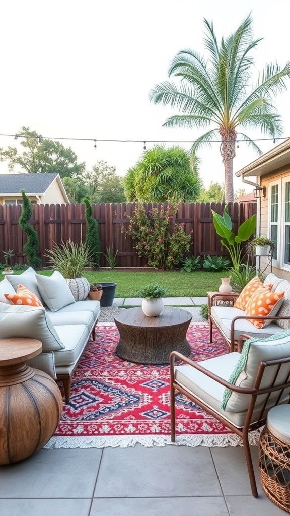 A cozy and chic lounge area set up for an outdoor bridal shower with comfortable seating, decorative pillows, and greenery.