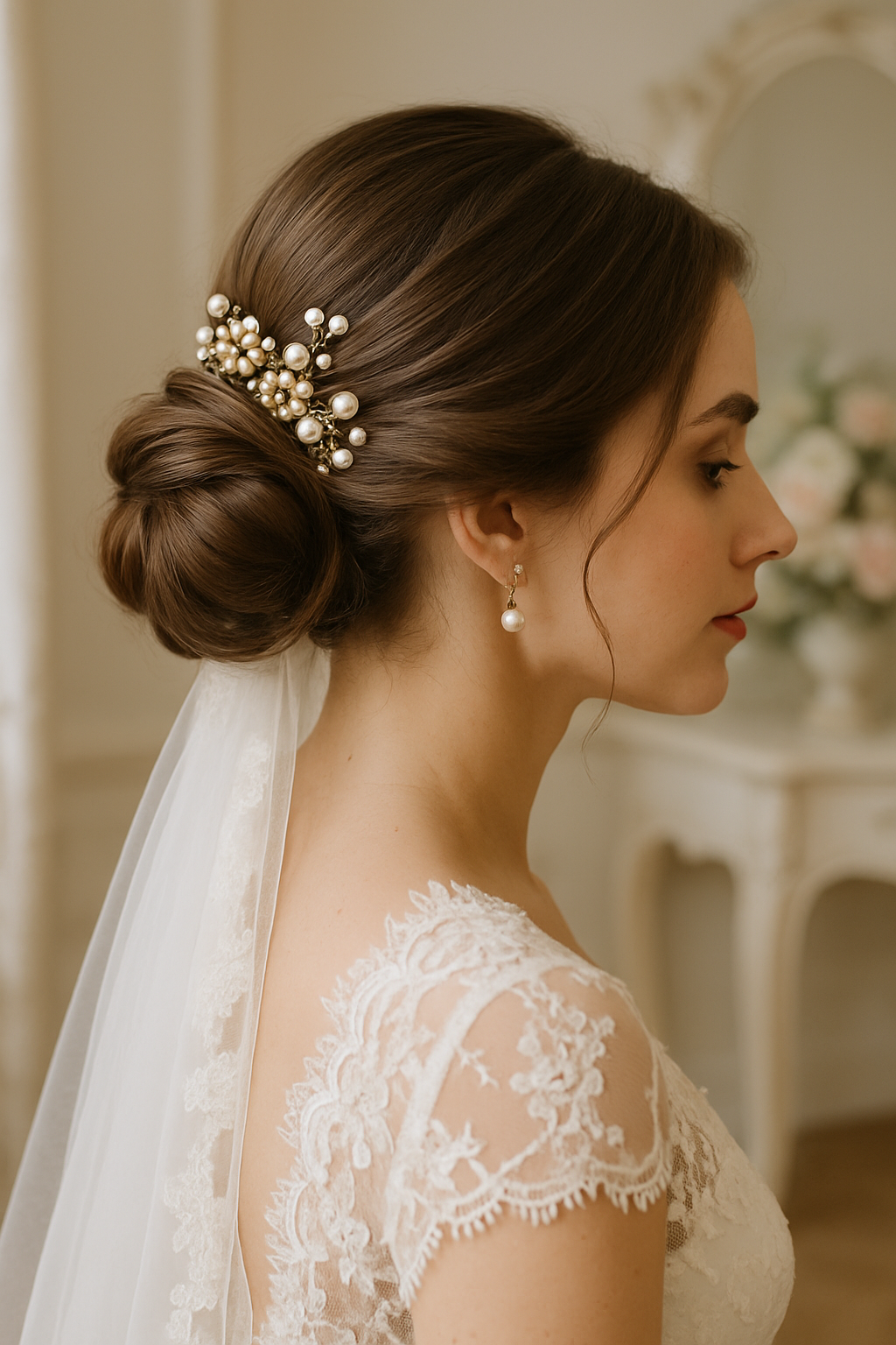 A bride with a chic low bun hairstyle adorned with pearl hair accessories, showcasing a vintage flair.