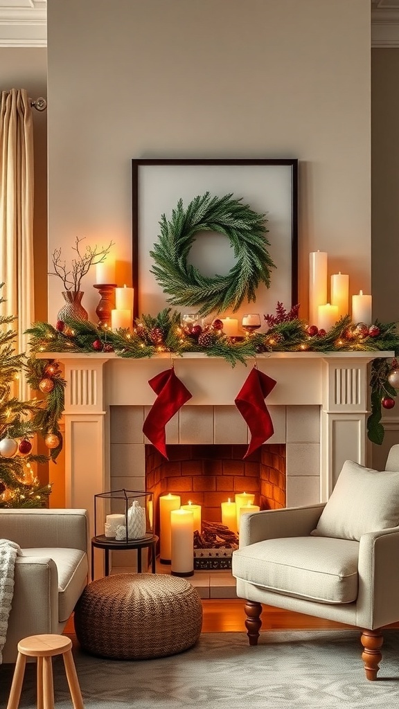 A cozy Christmas mantel display featuring a green wreath, candles, and red stockings.