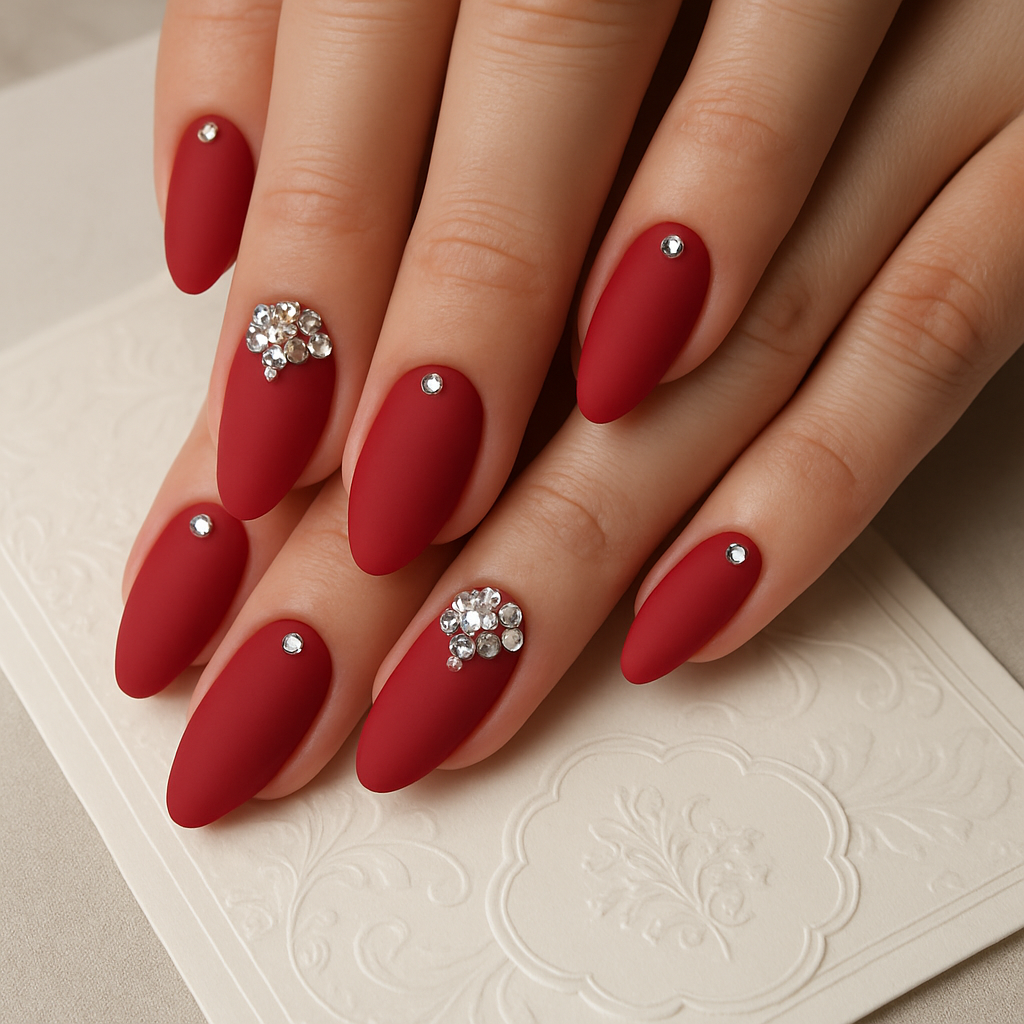 Chic matte finish red nails with rhinestones for wedding inspiration