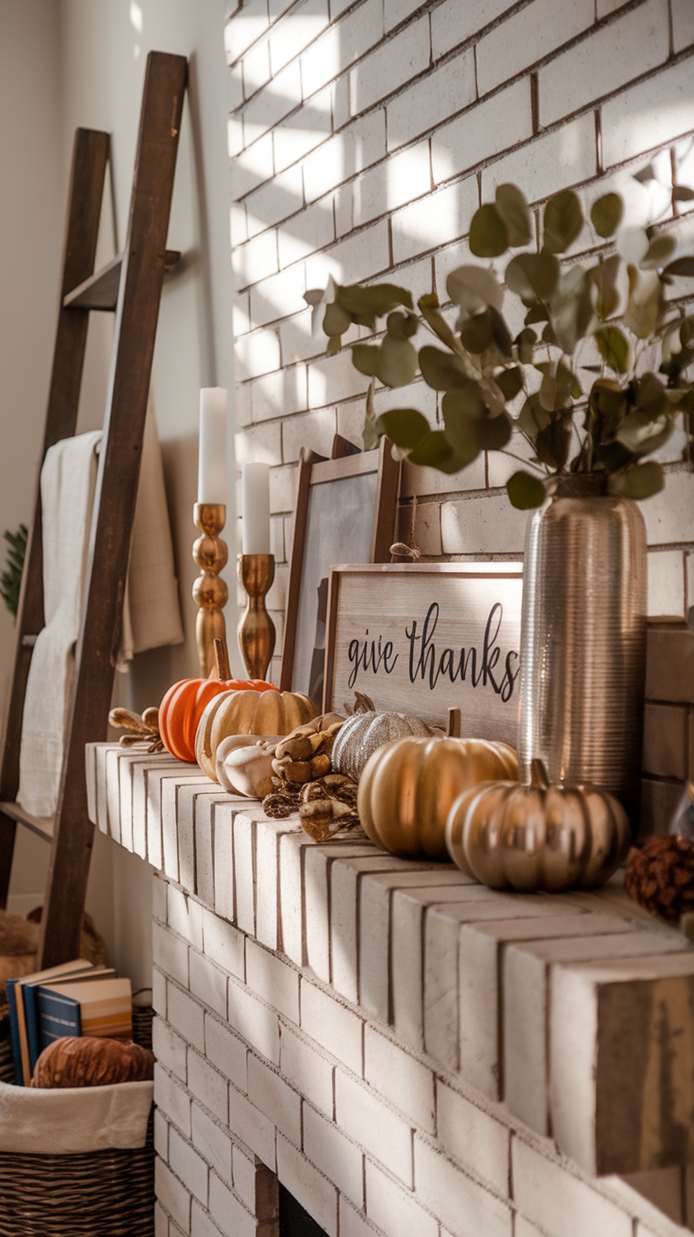 Thanksgiving mantel decor featuring metallic pumpkins, a 'give thanks' sign, and natural elements.