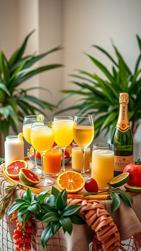 A beautiful mimosa bar setup featuring a variety of colorful juices, fruits, and champagne, perfect for a bridal shower.