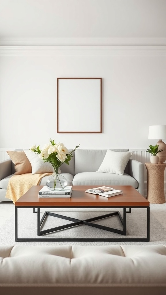 A chic minimalist coffee table arrangement with a wooden top, black metal base, fresh flowers in a vase, and neatly stacked books.