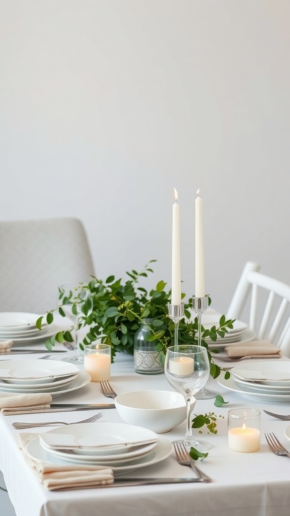 A beautifully decorated minimalistic bridal shower table with white plates, candles, and greenery