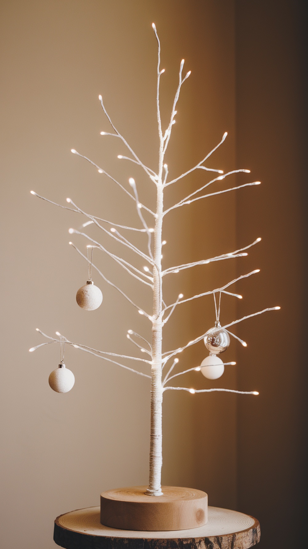 A minimalist white Christmas tree with soft lights and simple ornaments.
