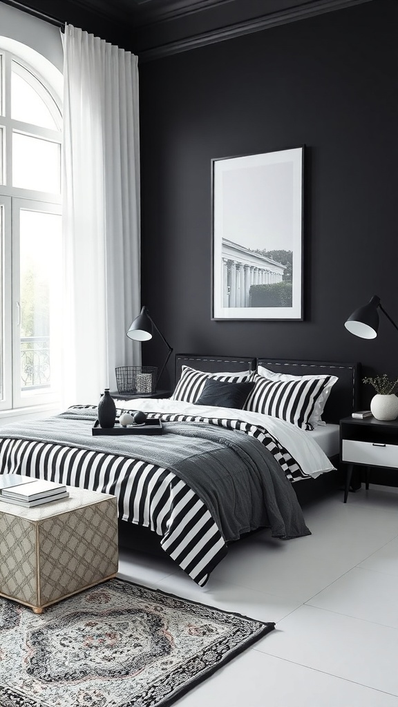 A stylish black and white bedroom featuring striped bedding, dark walls, and bright curtains.