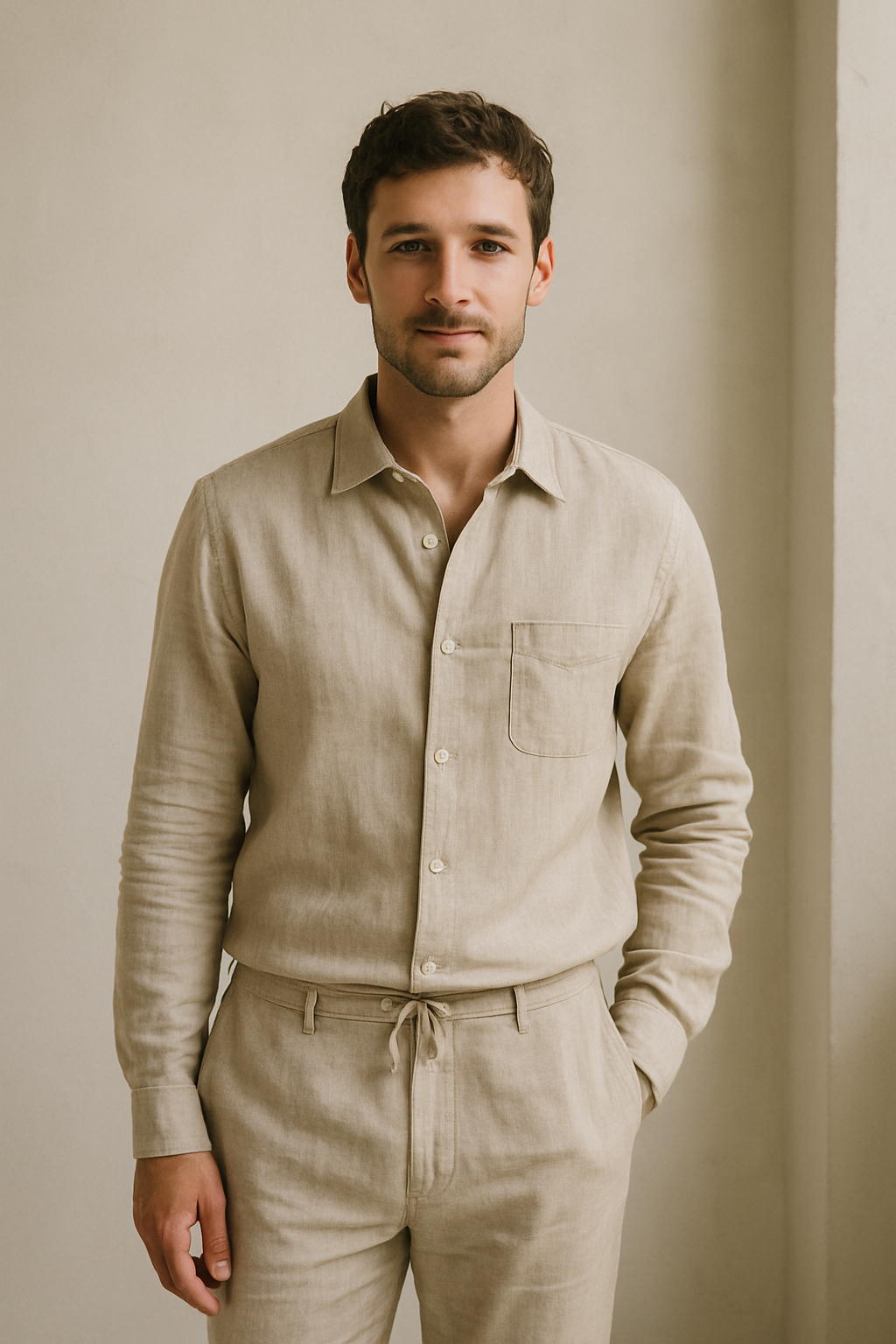 A model wearing a light beige linen shirt and matching linen pants, standing against a neutral background.
