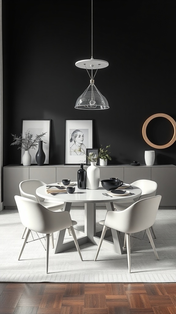 A modern dining table set with a monochrome palette, featuring white chairs, black dinnerware, and a stylish pendant light against a black wall.