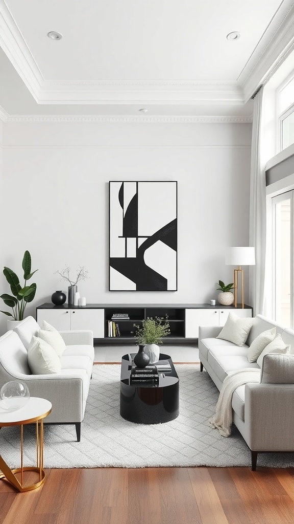 A chic living room featuring monochrome decor with white and black colors, minimalist furniture, and a large abstract wall art.