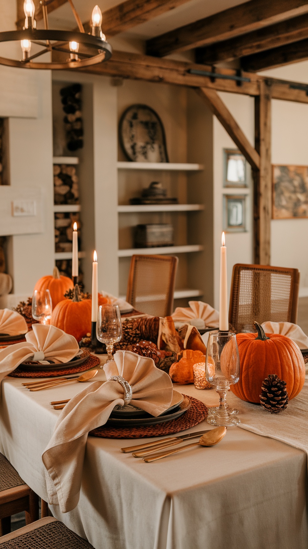 A beautifully set Thanksgiving table featuring chic napkin folding techniques with pumpkins and candles.