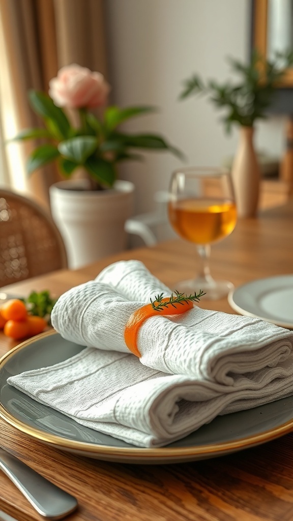 A neatly folded towel styled as a napkin on a plate, wrapped with an orange band and topped with a sprig of herbs.