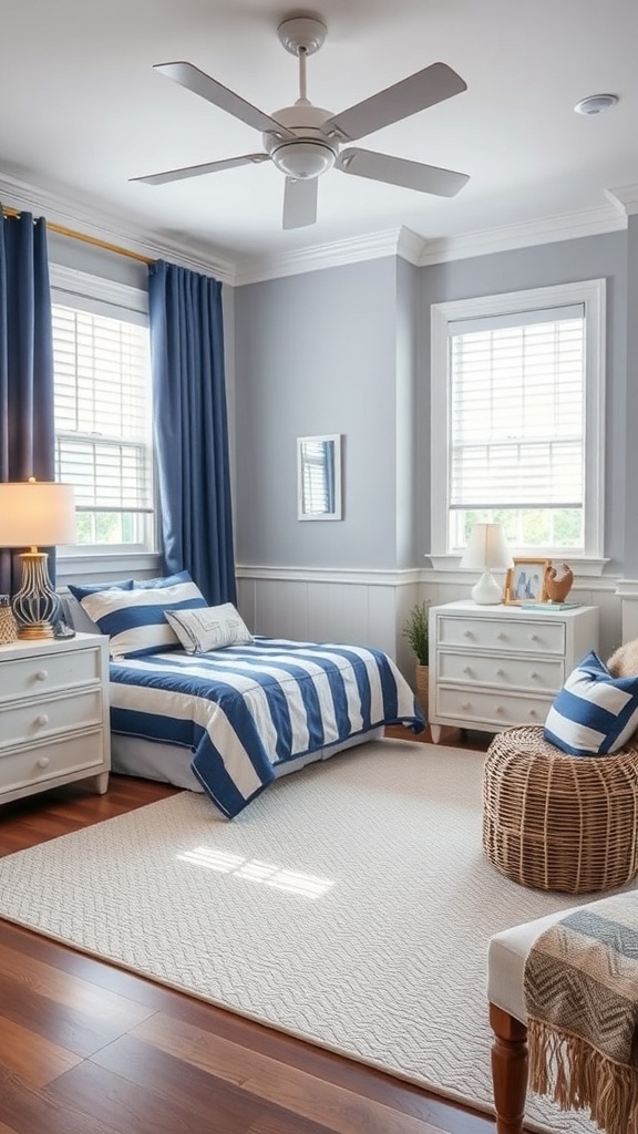 A stylish teen bedroom with blue and white striped bedding, blue curtains, and light wood flooring.