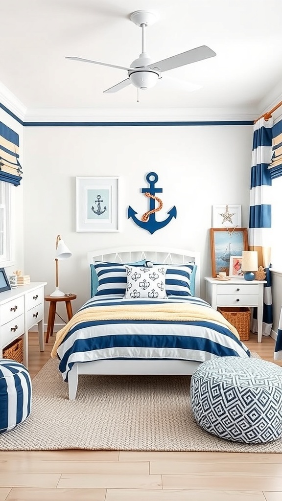 A stylish teen bedroom with a nautical theme featuring blue and white striped bedding, anchor decor, and a cozy pouf.