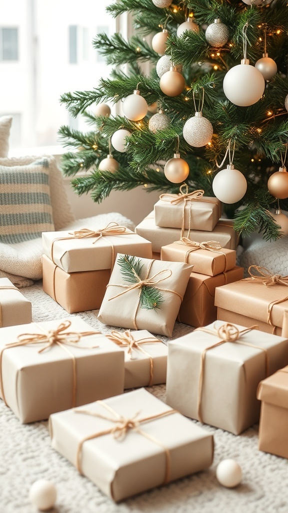 A cozy scene of neutral gift-wrapped packages under a Christmas tree, featuring beige and brown colors with twine and greenery accents.