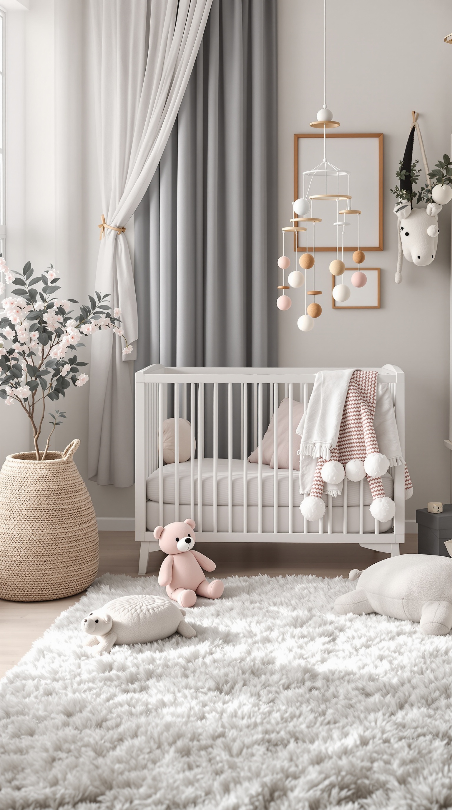 A chic nursery featuring a white crib, soft toys, and elegant decor accents.