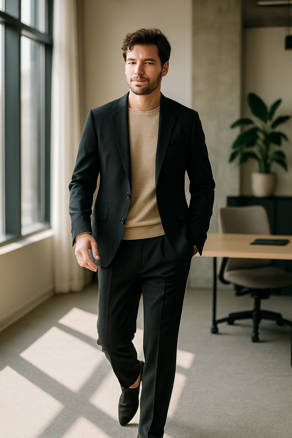 A man in black linen pants and a blazer inside an office space.