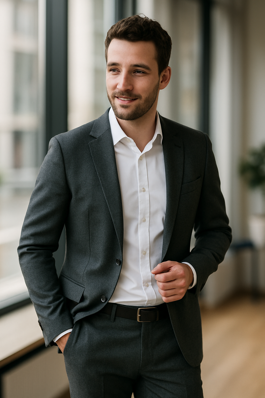 A man wearing grey trousers and a white shirt, looking confident in an office setting.