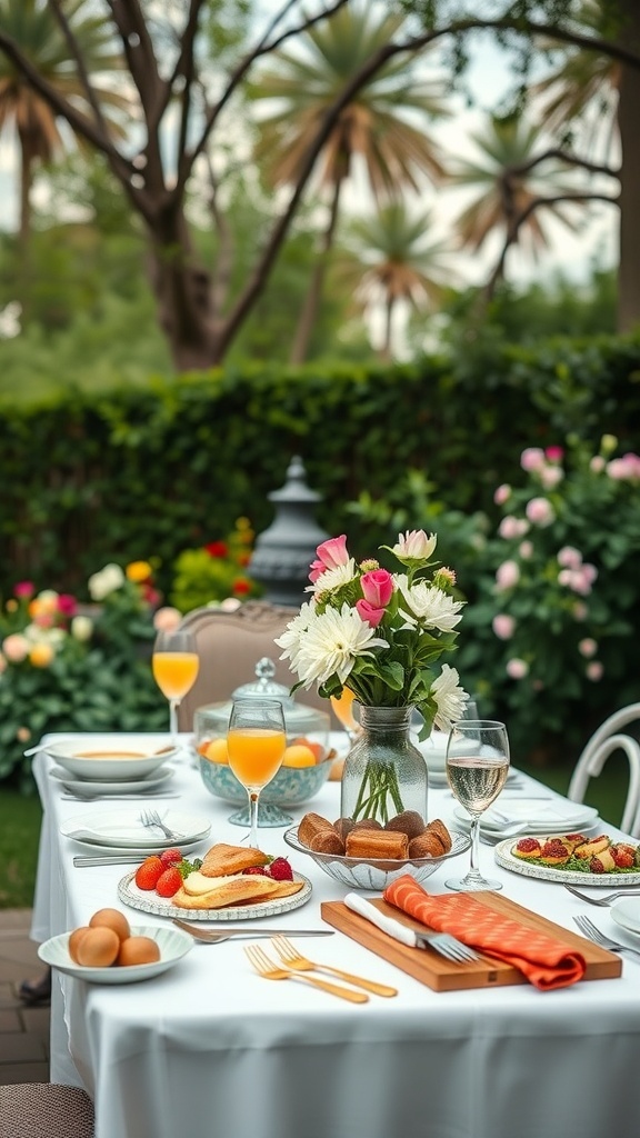 A beautifully arranged outdoor brunch table with flowers, plates of food, and drinks.