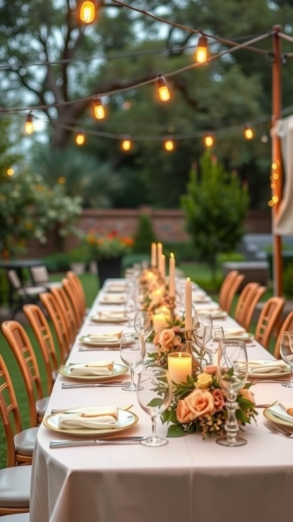 Outdoor decorated dining table with string lights, elegant chairs, and floral centerpieces.