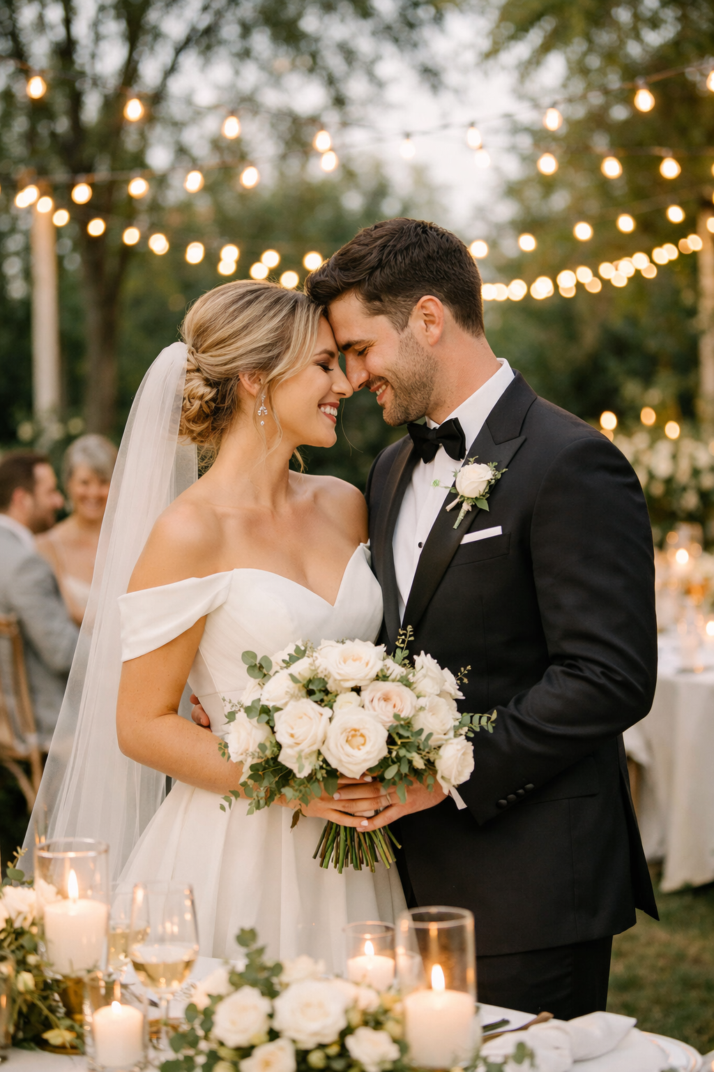 A happy couple in elegant wedding attire at an outdoor reception, surrounded by candlelight and floral decorations.