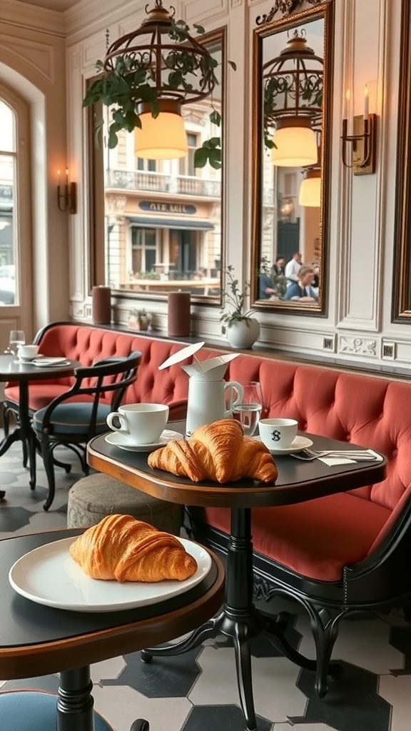 Chic Parisian café interior with red seating, mirrors, tables with croissants and coffee cups