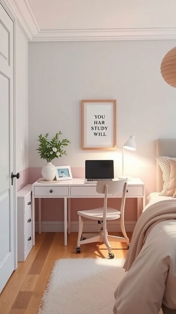 A chic pastel desk setup in a cozy study nook with a motivational quote, a plant, and a stylish chair.