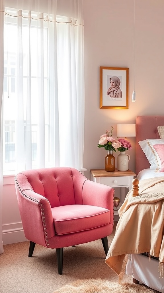 Chic pink accent chair in a romantic bedroom setting