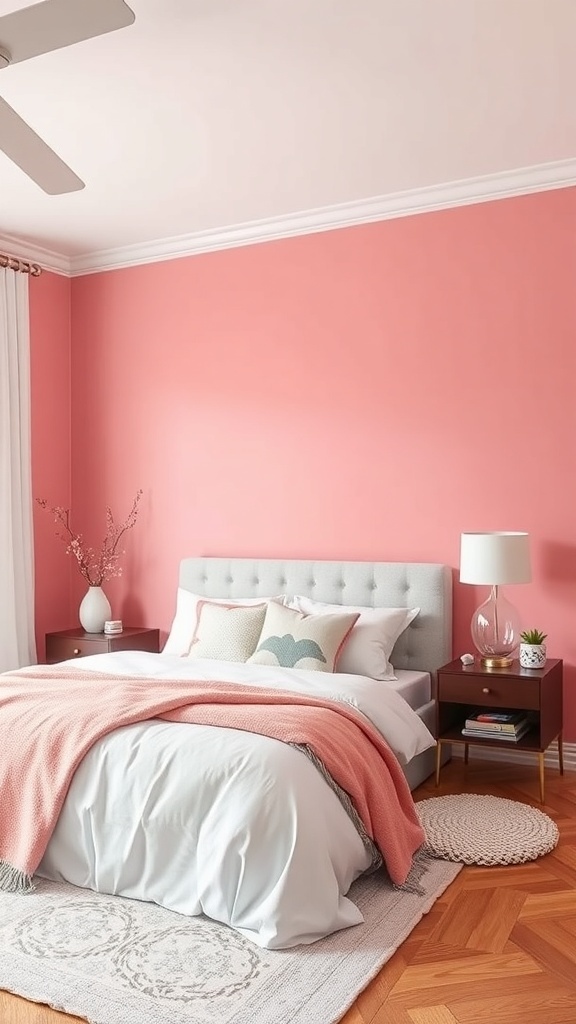 A chic pink accent wall in a stylish bedroom featuring a cozy bed, decorative pillows, and a warm atmosphere.