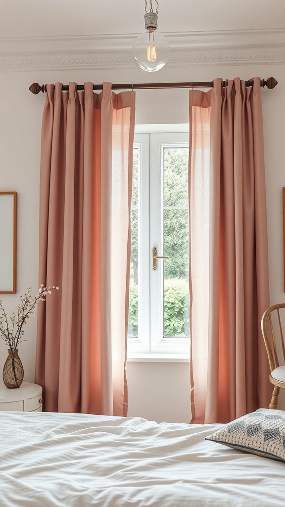 Chic pink and grey curtains in a bedroom with a white bed and decorative pillow.