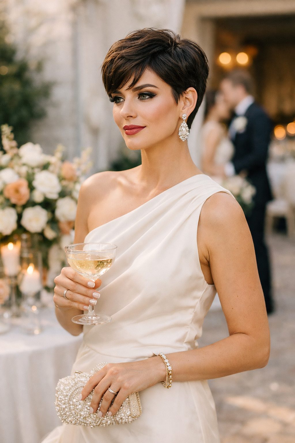 A woman with a chic pixie cut, bold makeup, pearl earrings, and a pearl clutch, dressed elegantly for a wedding.
