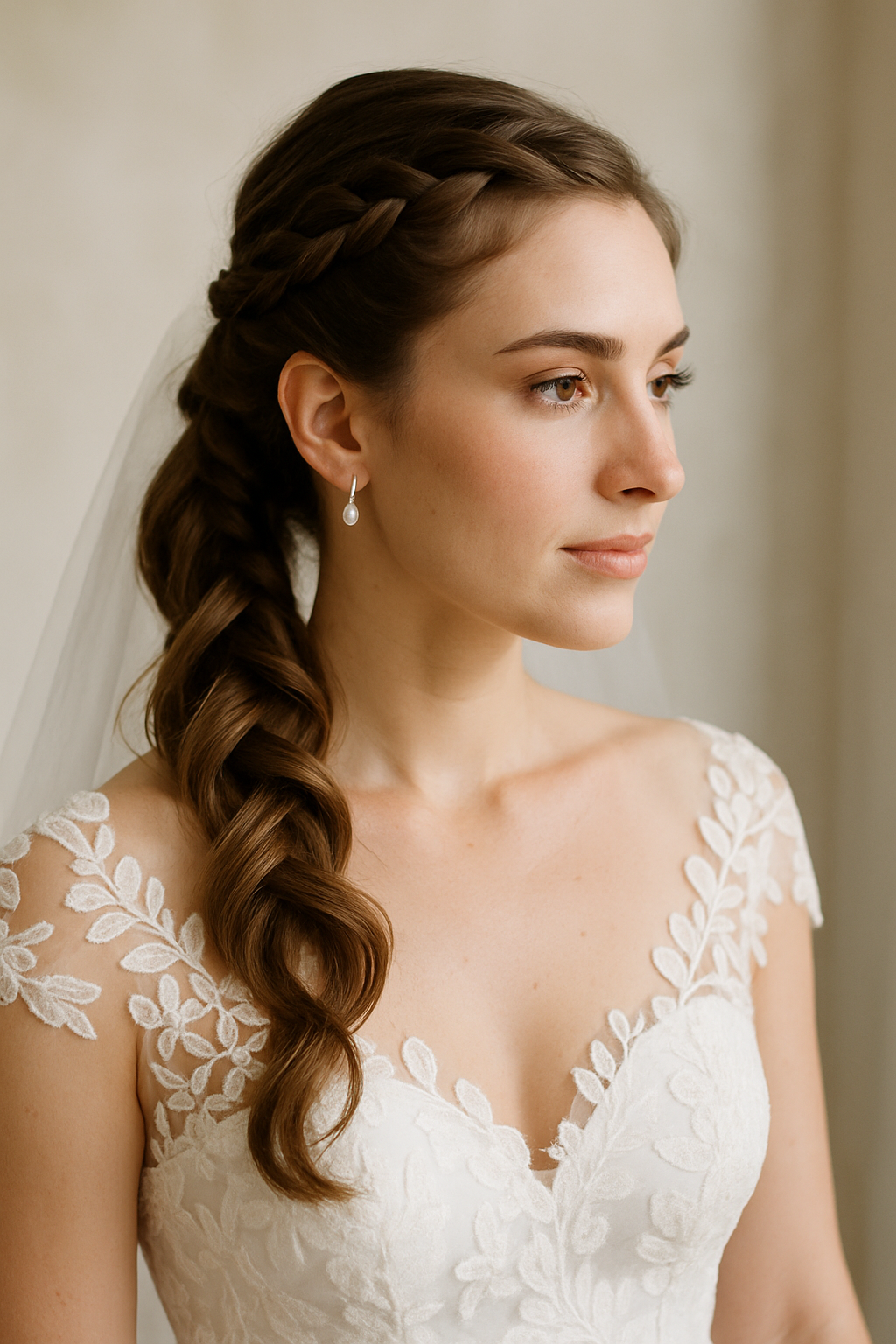 Bride with a chic ponytail and side braid, showcasing elegant wedding hairstyle.