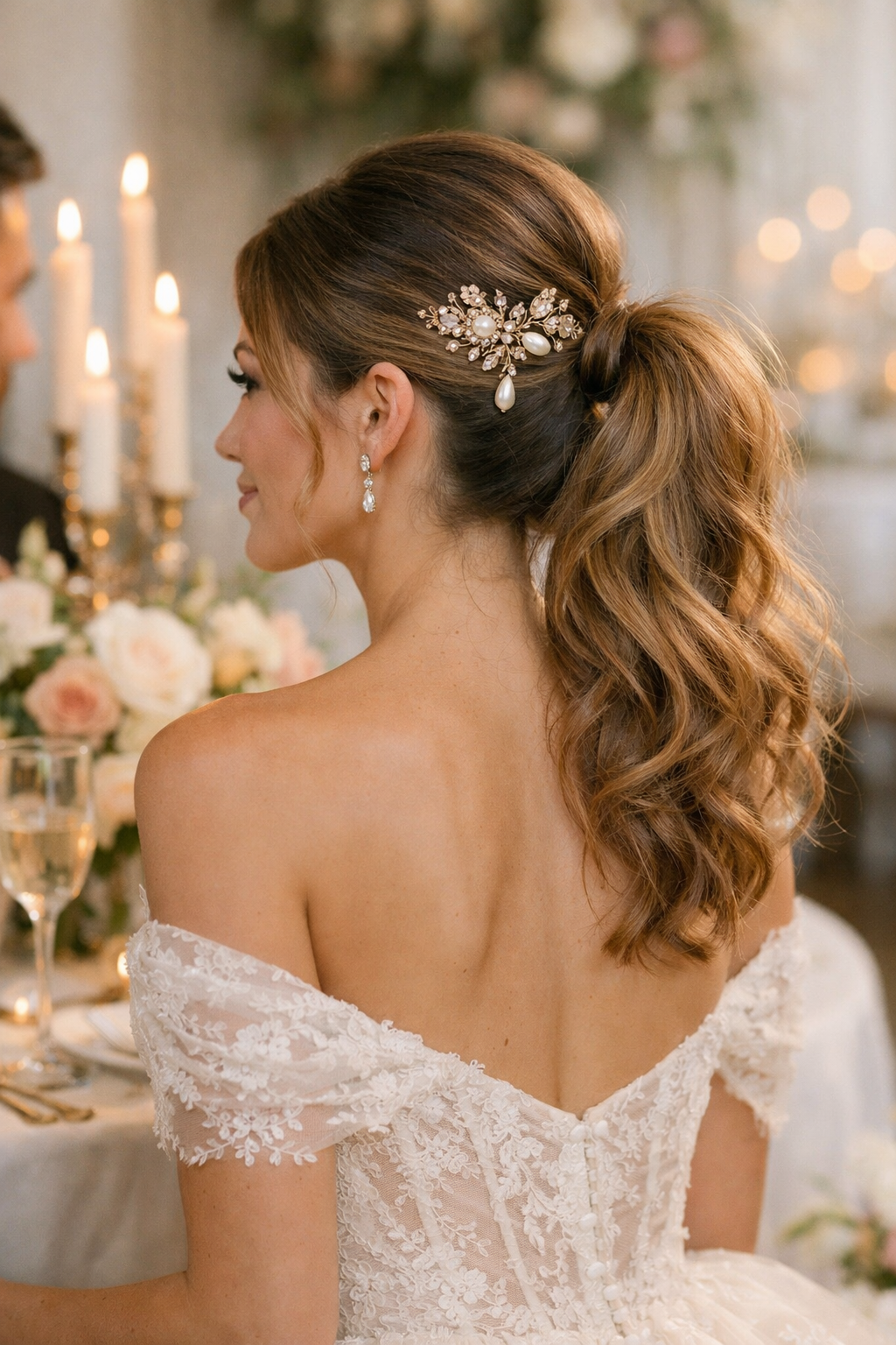 Chic ponytail hairstyle adorned with a vintage hairpin, perfect for wedding guests.