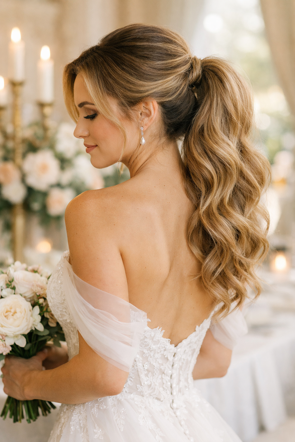 A woman with a chic ponytail with volume, wearing a wedding dress and holding a bouquet.
