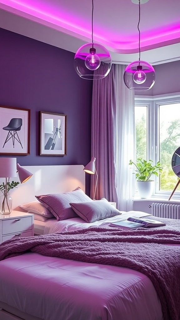 A stylish purple bedroom featuring chic lighting with purple LED accents and pendant lights.