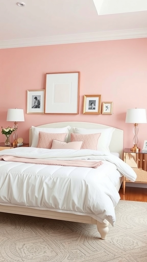A chic pink bedroom featuring rose gold accessories, including lamps and picture frames.