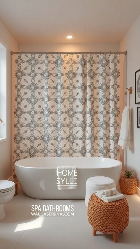 A stylish bathroom featuring a patterned shower curtain, modern bathtub, and cozy decor.