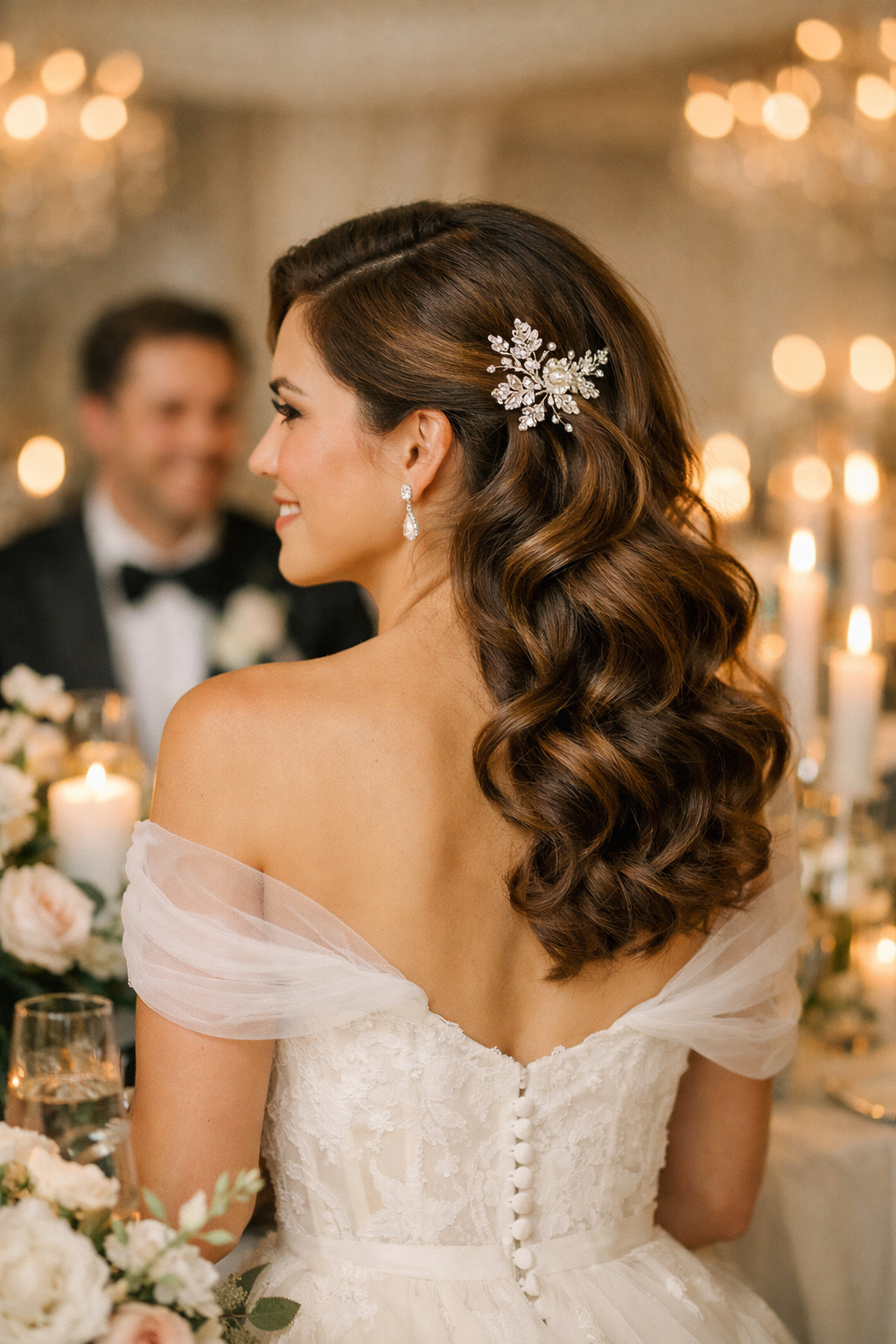 Elegant side-swept curls with a decorative hairpin at a wedding