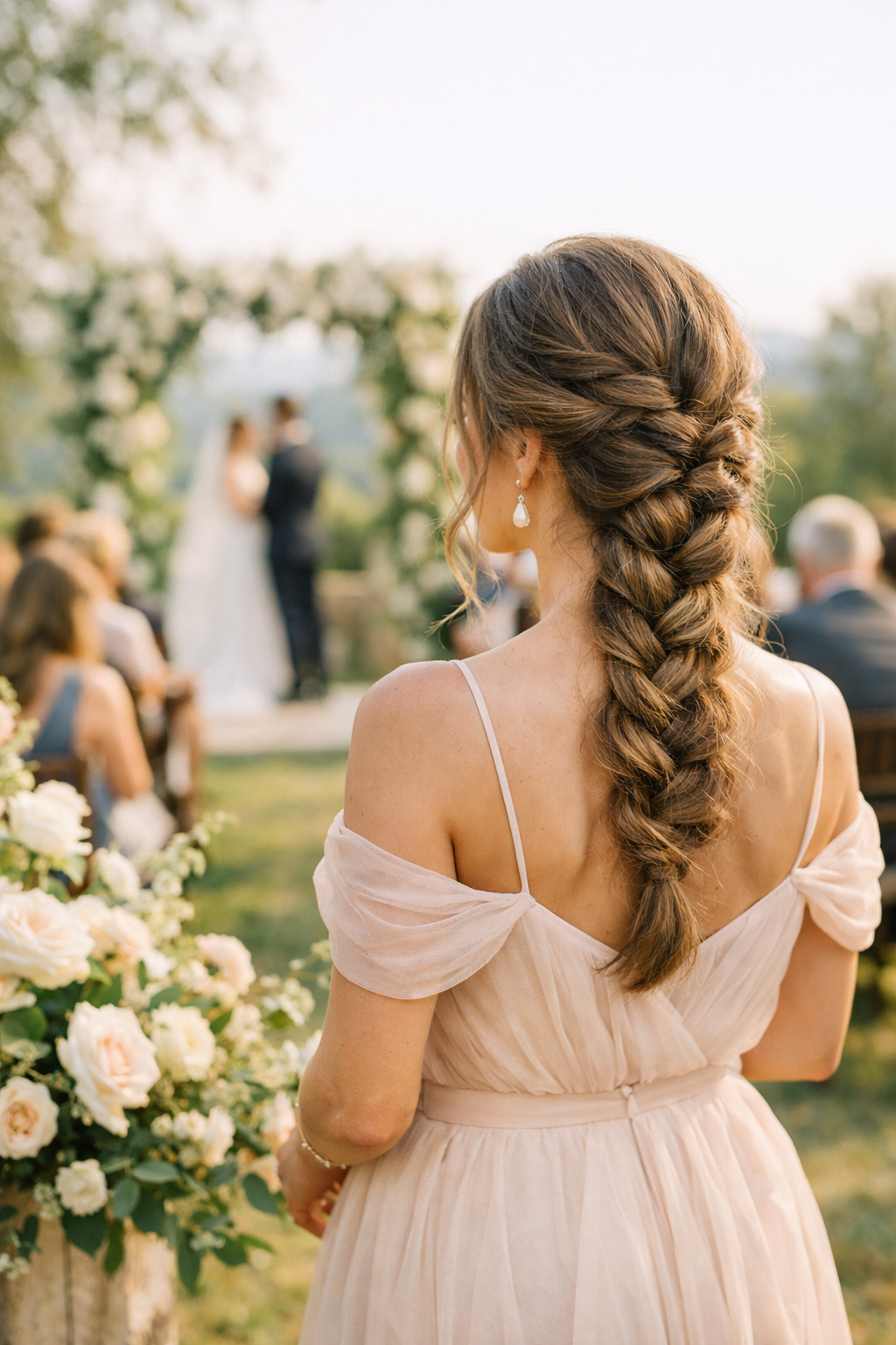 A close-up view of a woman with a chic side braid attending a wedding.