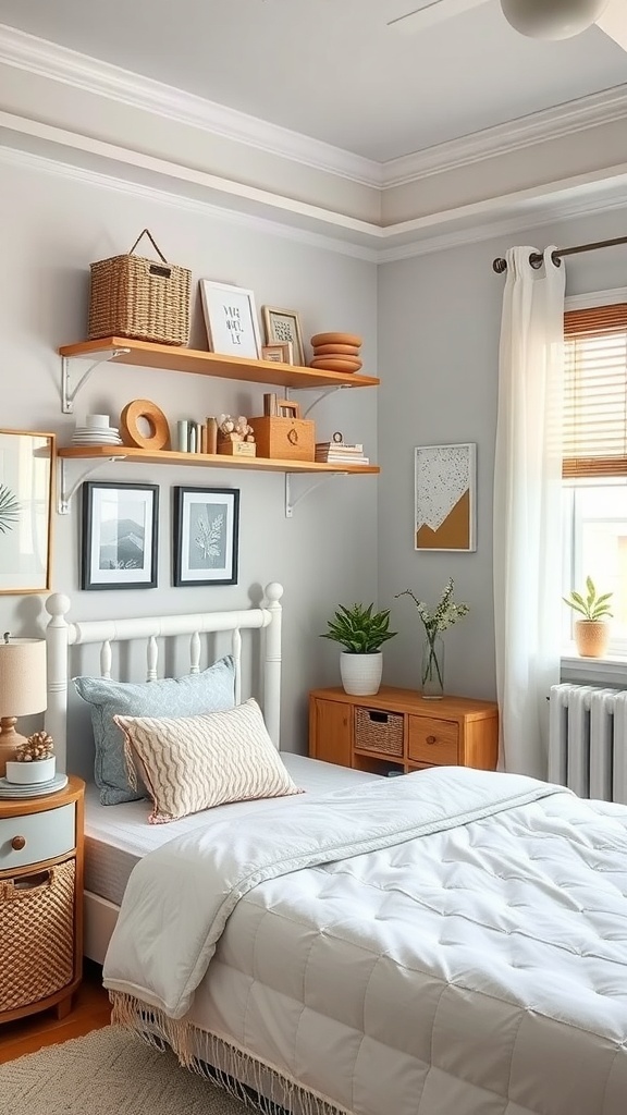 A stylish teen bedroom featuring chic storage solutions with shelves, baskets, and a bedside table.