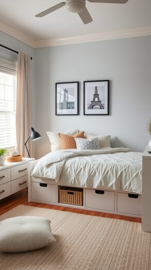 Cozy teen bedroom with chic storage solutions, featuring a bed with drawers and a stylish dresser.