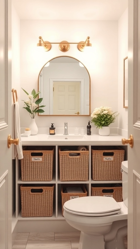A stylish bathroom with a modern design featuring woven storage bins on a shelf.