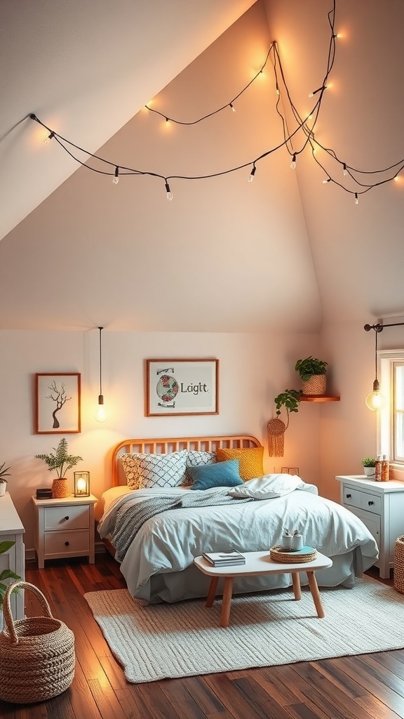 A cozy teen loft bedroom with string lights draped across the ceiling, wooden furniture, and soft bedding.