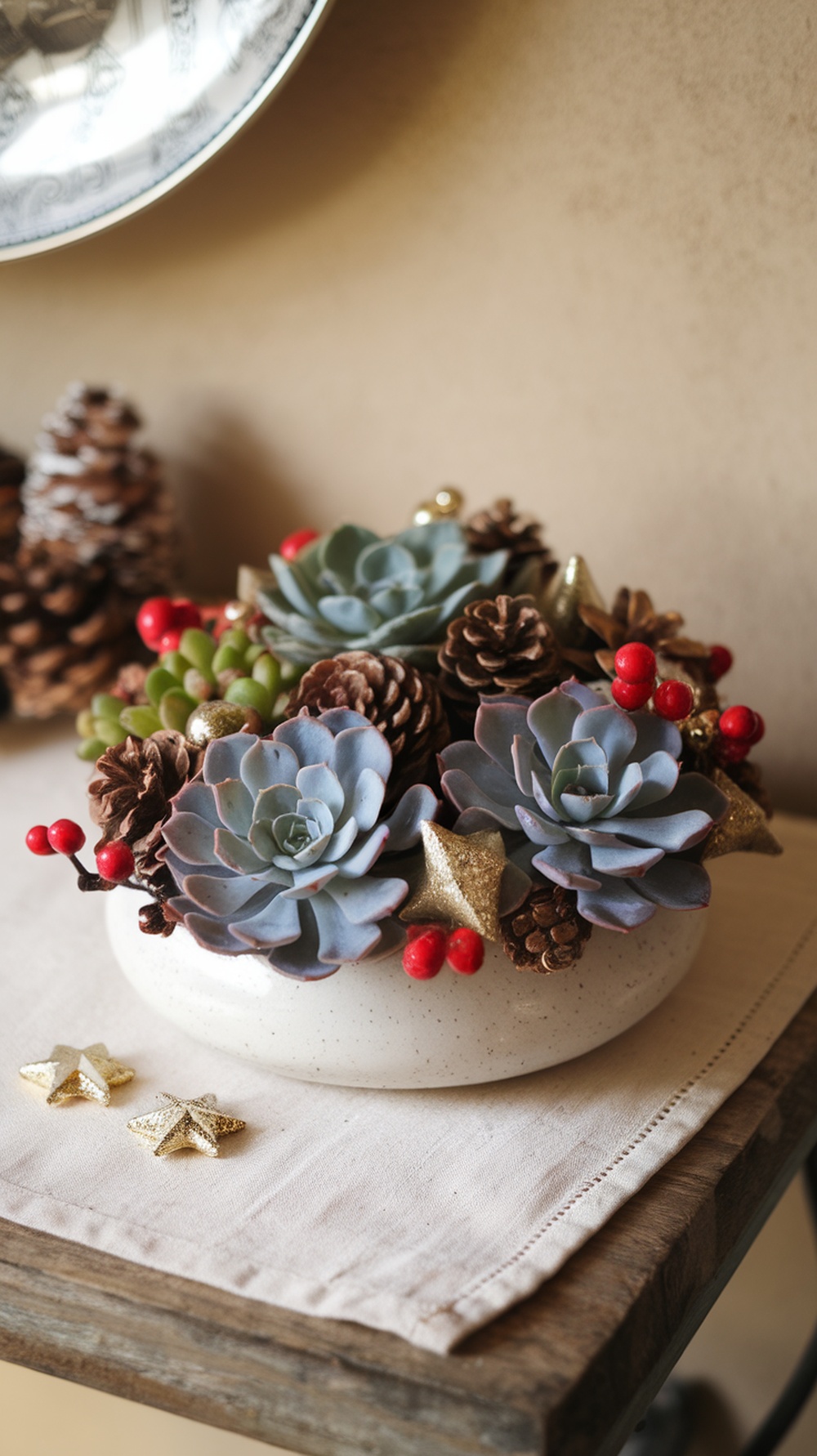 A chic succulent Christmas arrangement featuring succulents, pinecones, red berries, and gold stars.