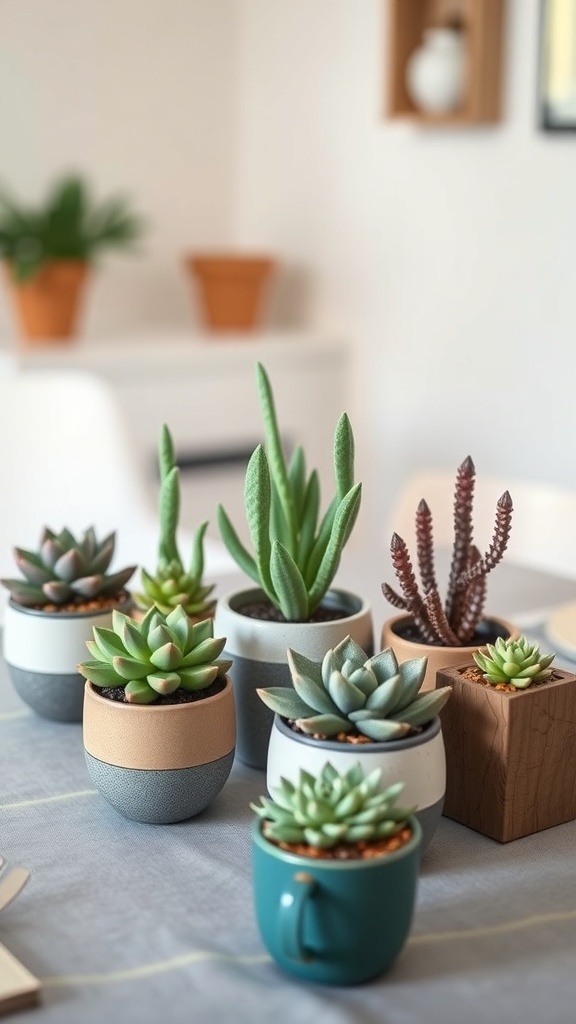 Beautiful arrangement of succulent gardens in various pots.