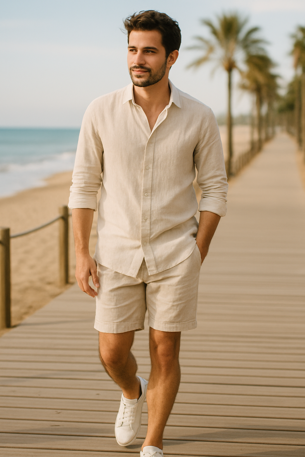 A man walking on a beachside boardwalk wearing a light linen shirt, matching shorts, and white shoes.