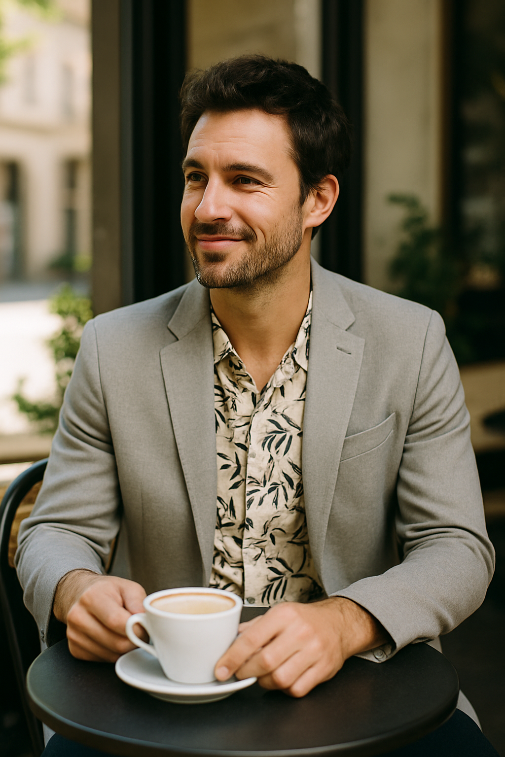 A man in a light grey blazer and a printed shirt enjoying coffee at a café.