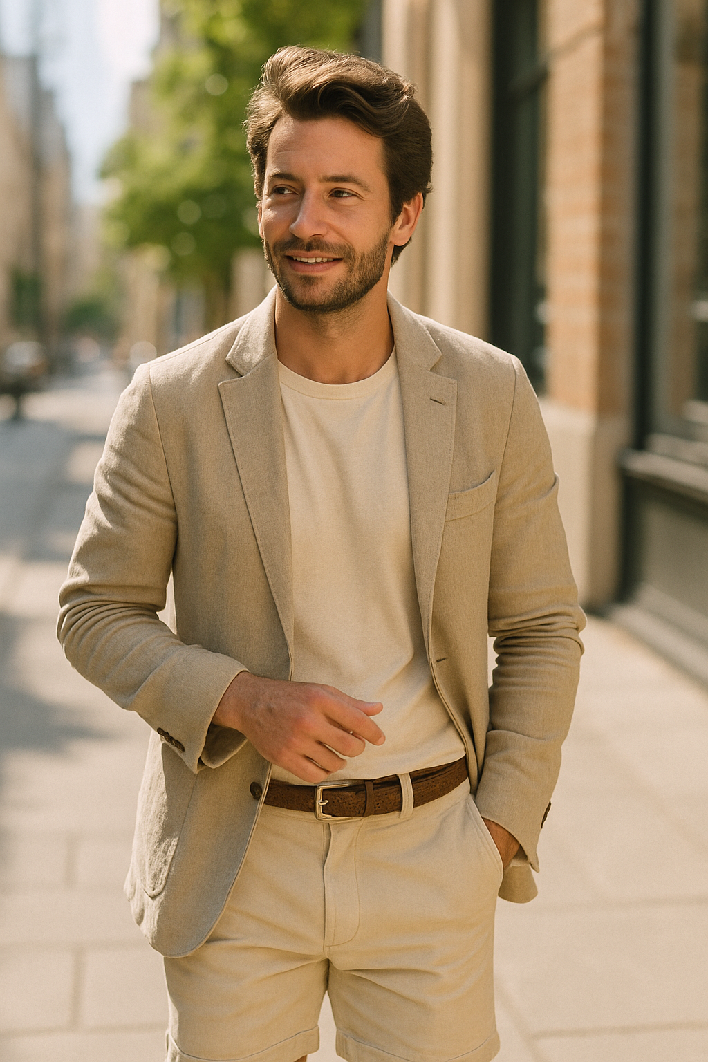 A man in a light-colored blazer and shorts, exemplifying chic summer outfits for men.