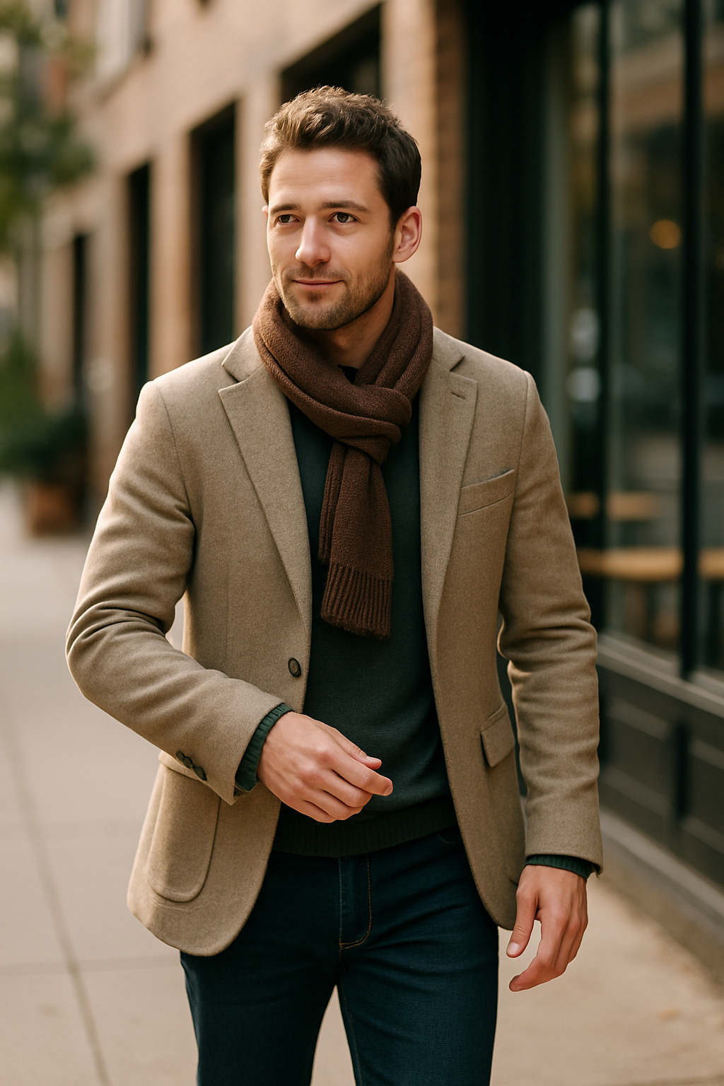 A man walking in a light brown tailored blazer and a brown scarf.