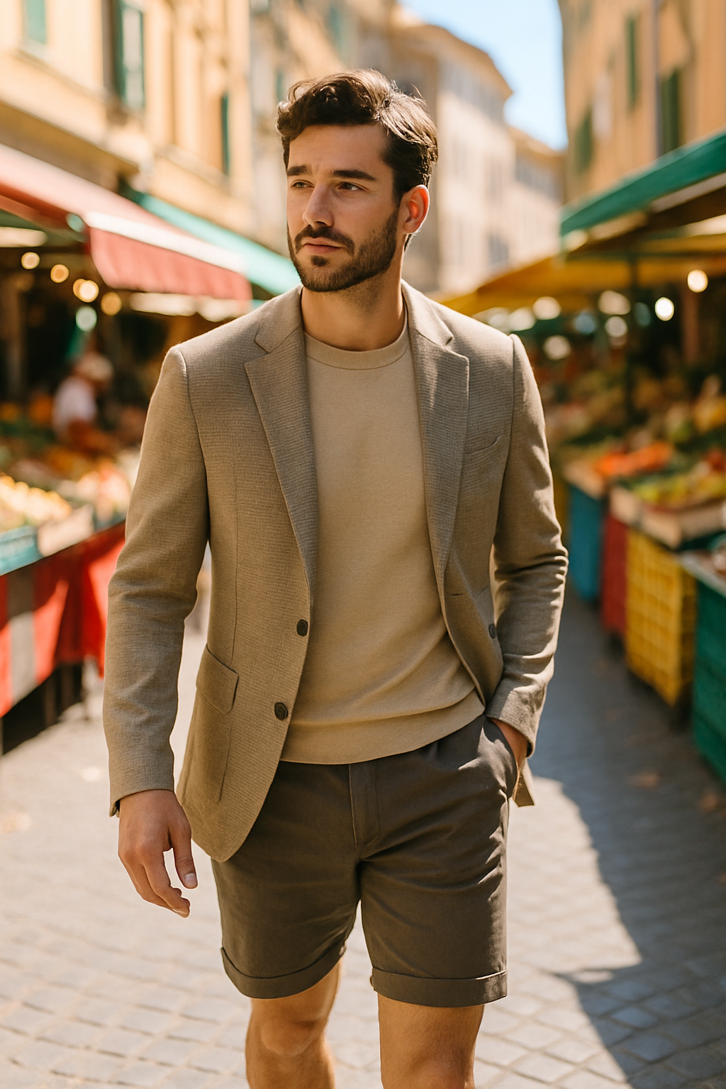 A man wearing tailored shorts and a blazer walking through a market in Europe.