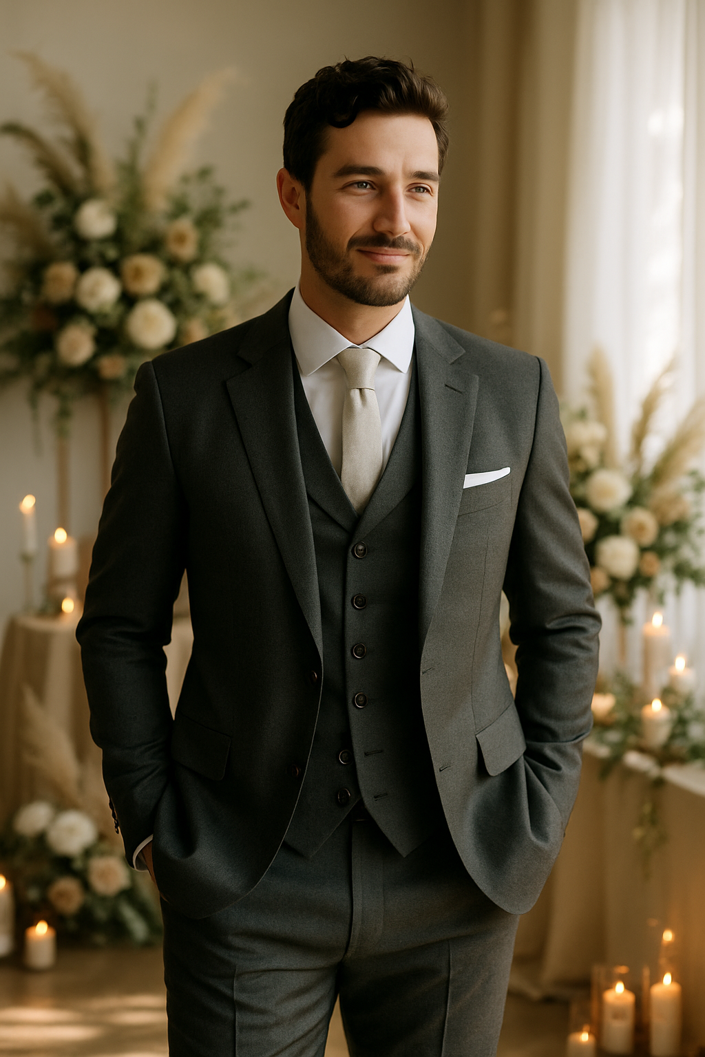 A groom in a stylish dark three-piece suit with a vest, smiling in a romantic setting with floral arrangements and candles.